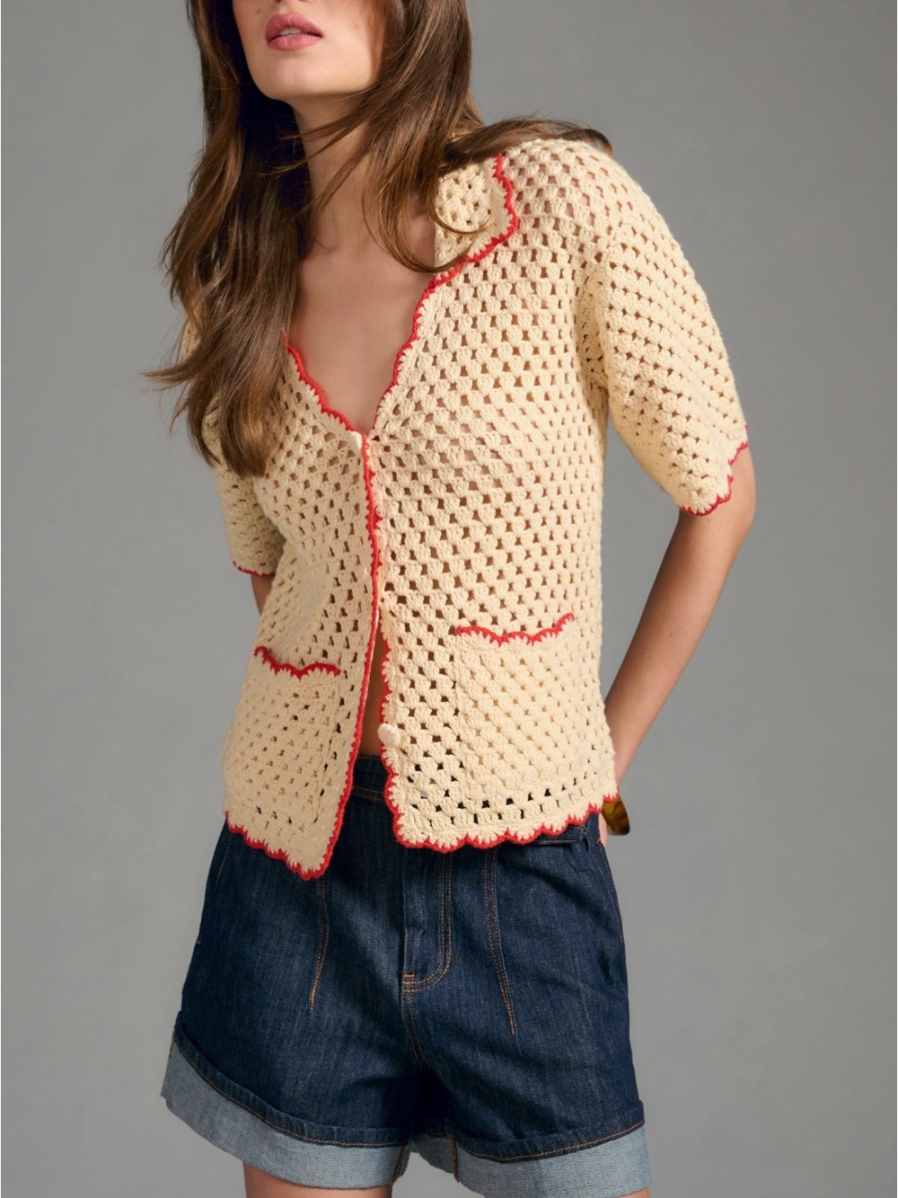 Anthropologie Greylin Ivory Crochet Cardigan Sweater Red Trim Open Knit XS